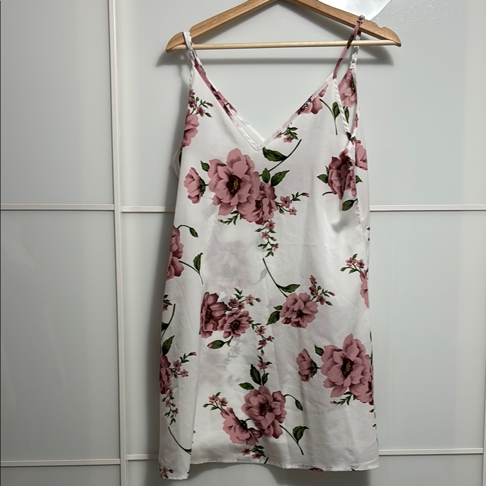 SHEIN White and Pink Floral Chemise with Adjustable Straps